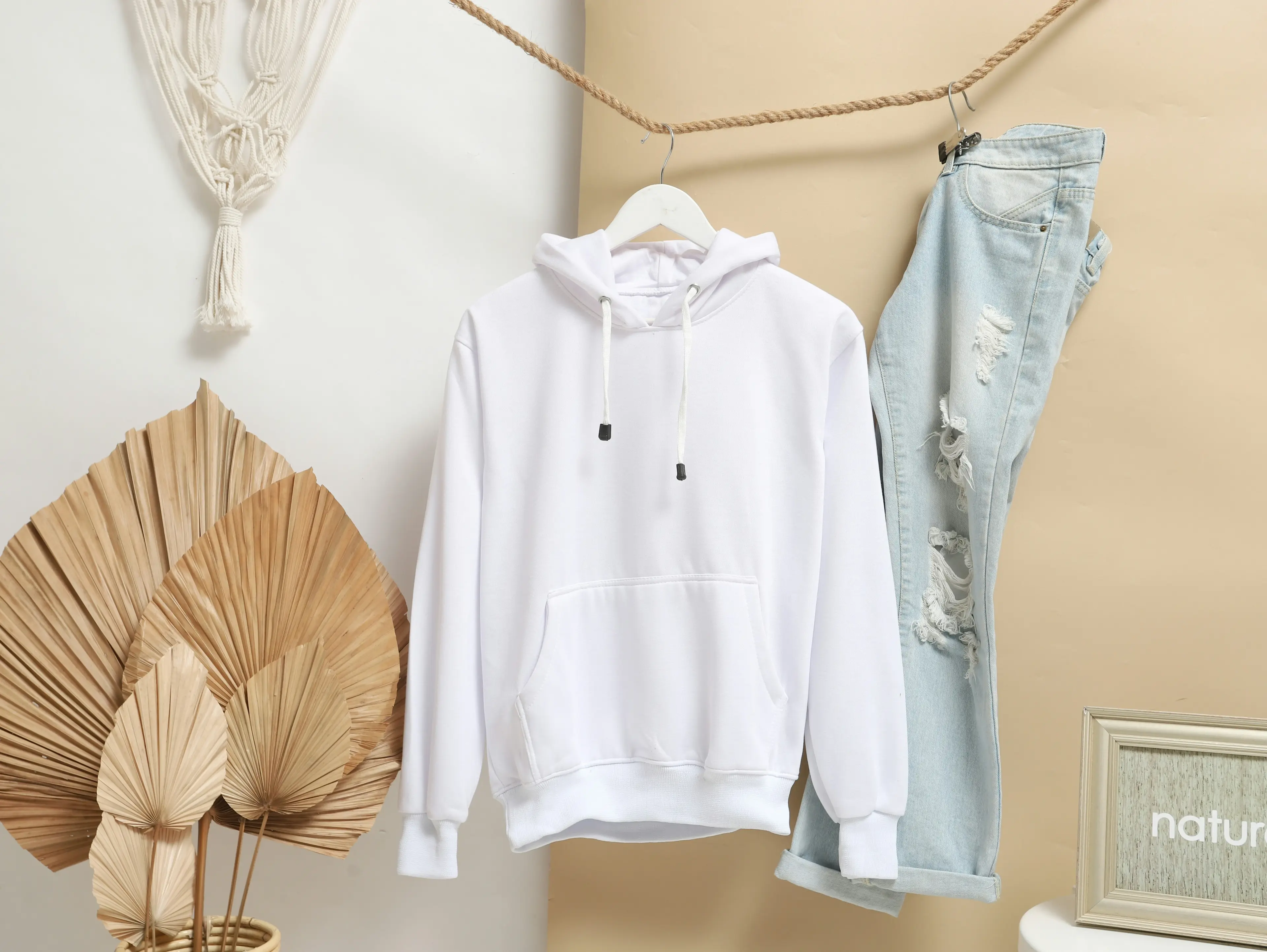 Minimalist White Hoodie Set - Hanging Display