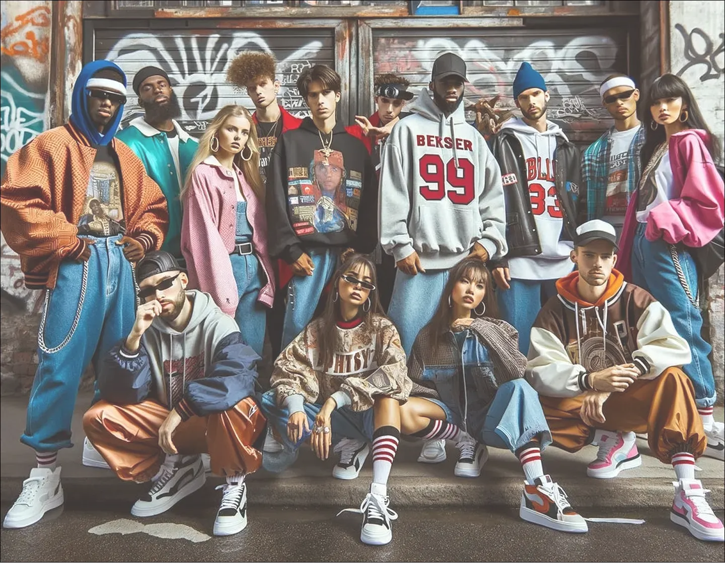 Group of people in stylish streetwear fashion